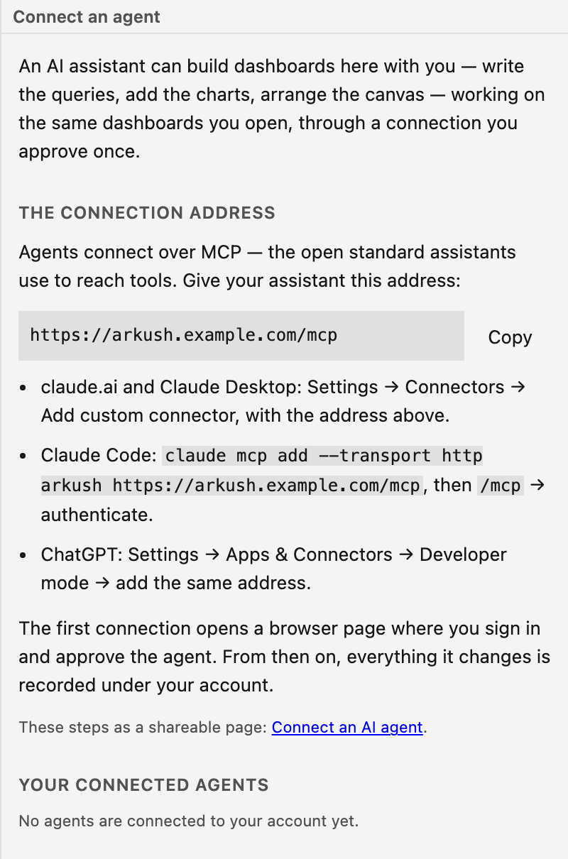 The Connect-an-agent panel: the connection address with a Copy button, setup steps per client, and the list of connected agents.