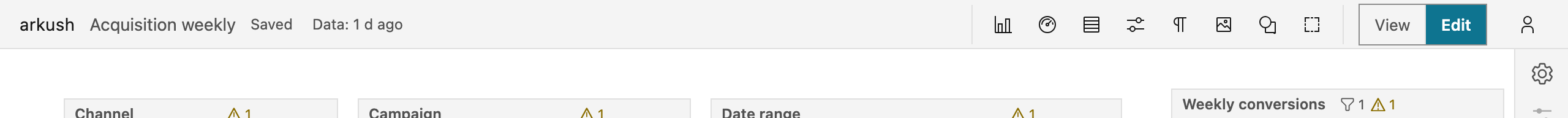 The edit-mode header, cropped to the toolbar: the block palette's icon buttons — one per block type — between the dashboard title and the View/Edit switch.