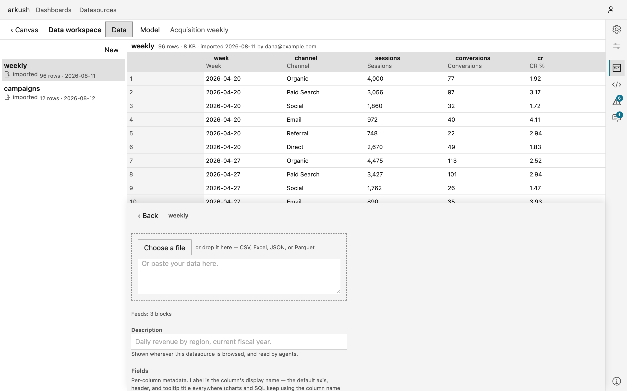 The Data workspace: datasources listed on the left, the selected datasource's rows in the grid, and the editor below with the import zone and its paste box.