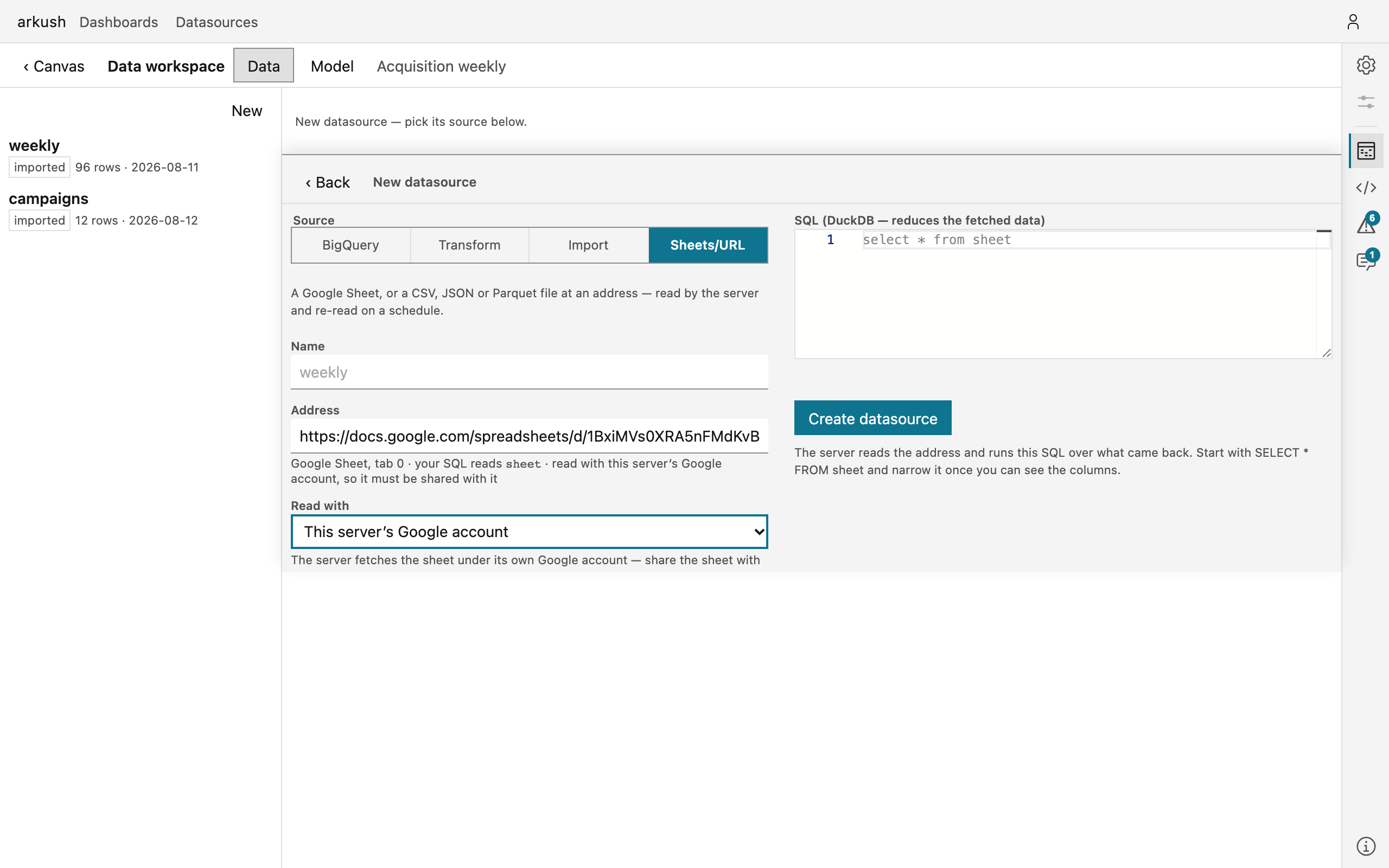 The Sheets/URL branch of the datasource editor: a Google Sheet address recognized — 'Google Sheet, tab 0 · your SQL reads sheet' — the Read with choice on 'This server's Google account', and the SQL box with select * from sheet.