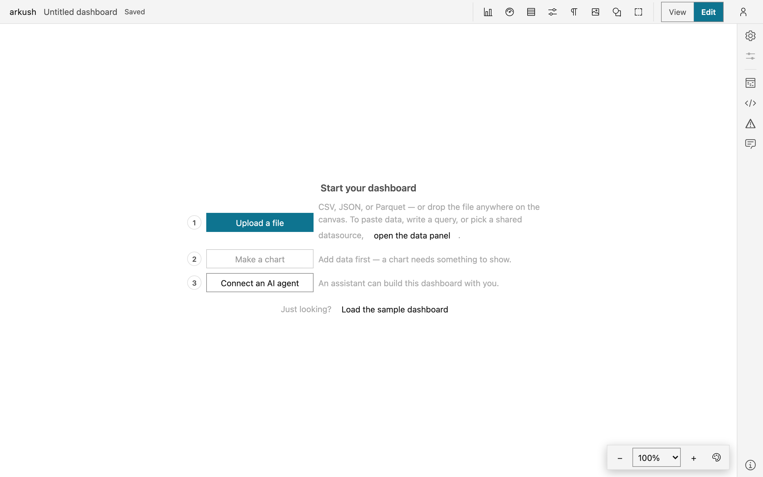 An empty dashboard in edit mode: the 'Start your dashboard' walk with Upload a file leading, Make a chart waiting for data, Connect an AI agent, and 'Load the sample dashboard' beneath.