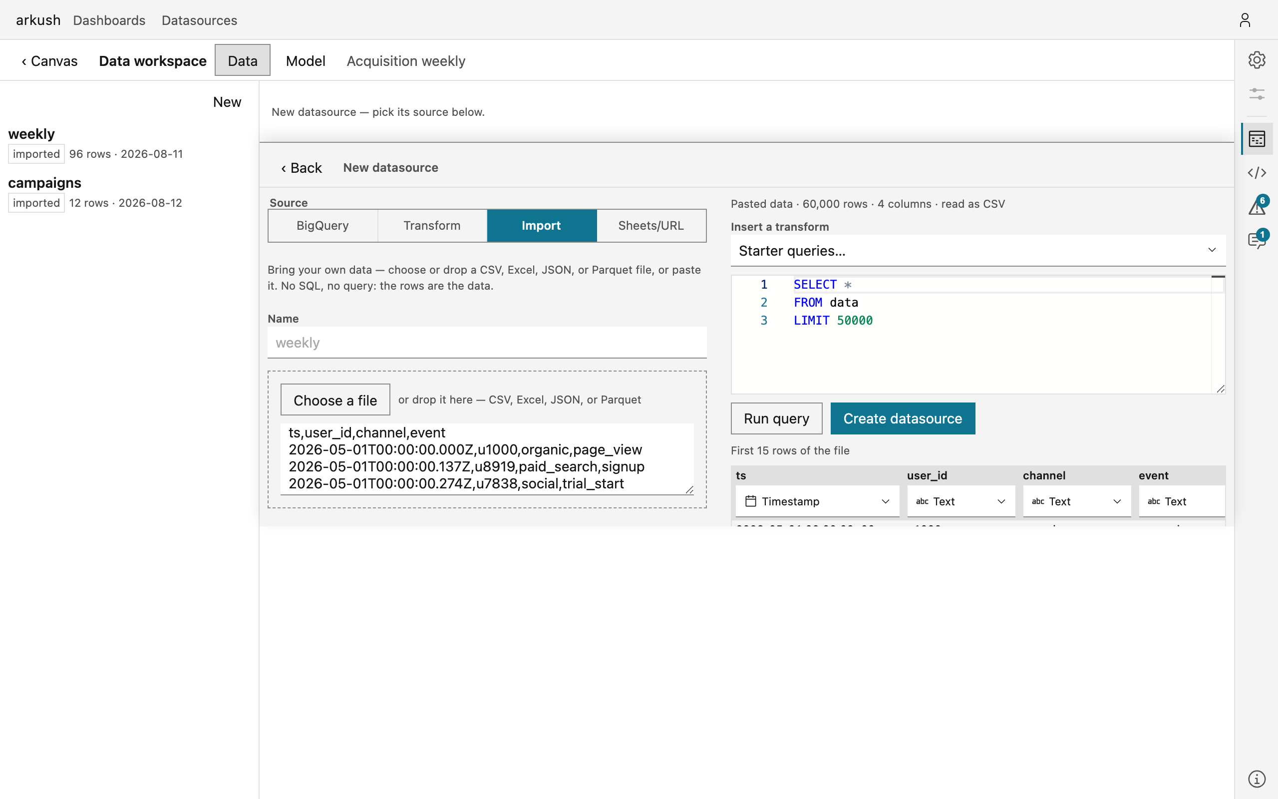 The import editor with 60,000 pasted rows staged: the facts line reads 'Pasted data · 60,000 rows · 4 columns · read as CSV', the seeded query SELECT * FROM data LIMIT 50000, Run query beside Create datasource, and the first rows previewed with a type picker per column.